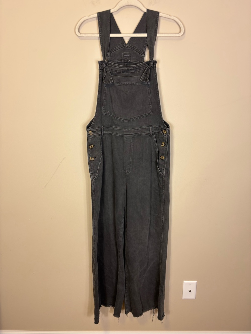 Aerie Washed Black Wide-Leg Denim Overalls Large